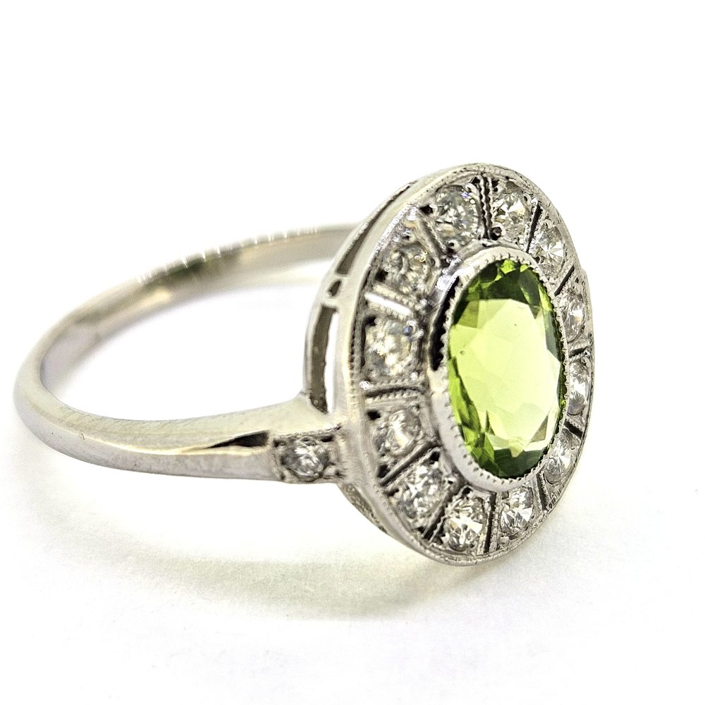 1.20ct Oval Peridot and Diamond Cluster Engagement Ring in Platinum
