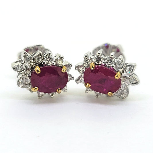 1.24ct Oval Ruby and Diamond Cluster Stud Earrings