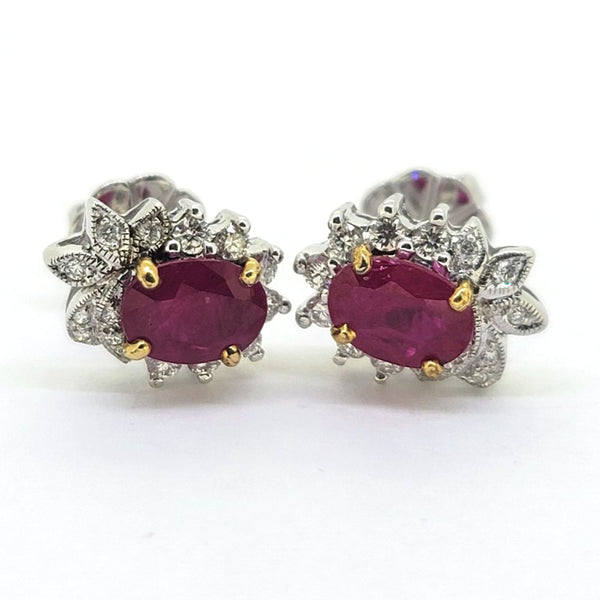 Ruby and Diamond Floral Cluster Stud Earrings, 1.24cts oval red rubies surrounded by 0.36cts sparkling diamonds in a delicate flower design in 18ct white gold