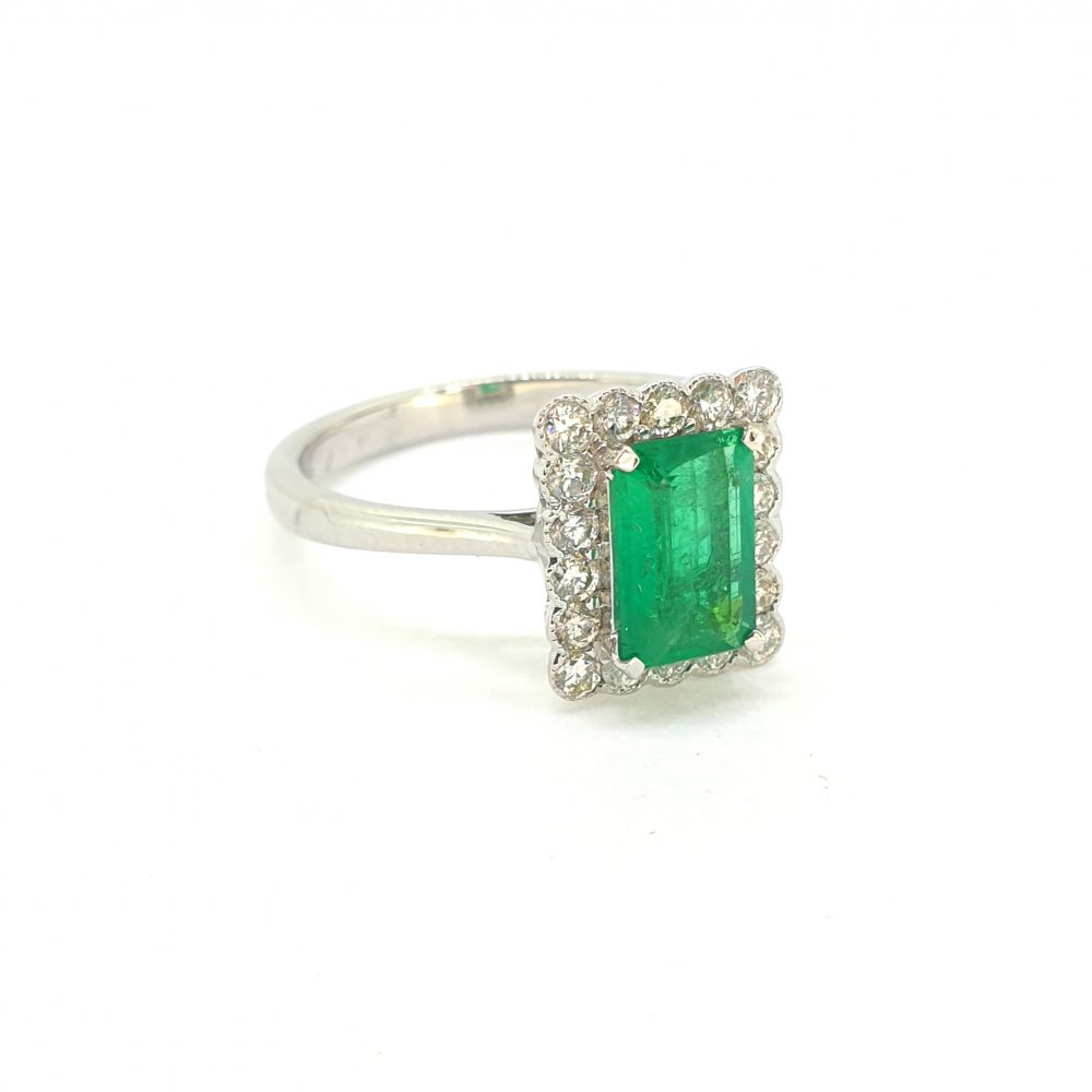 Emerald and Diamond Rectangular Tablet Cluster Ring