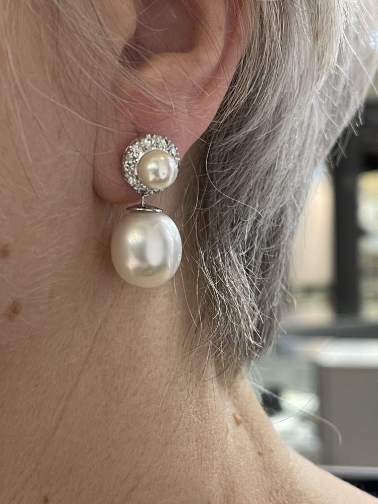 Pearl and Diamond Cluster Drop Earrings, 1.30 carat total