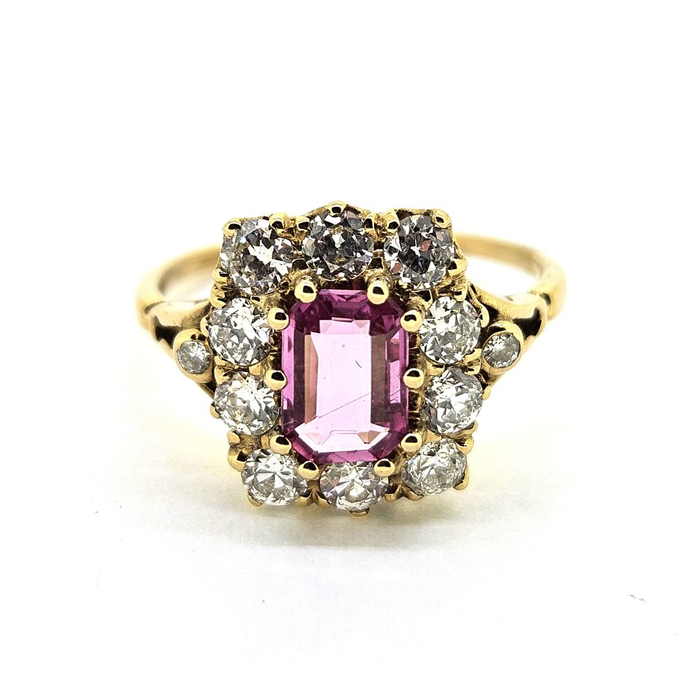 Antique Style Pink Sapphire and Diamond Crown Cluster Ring in Yellow Gold