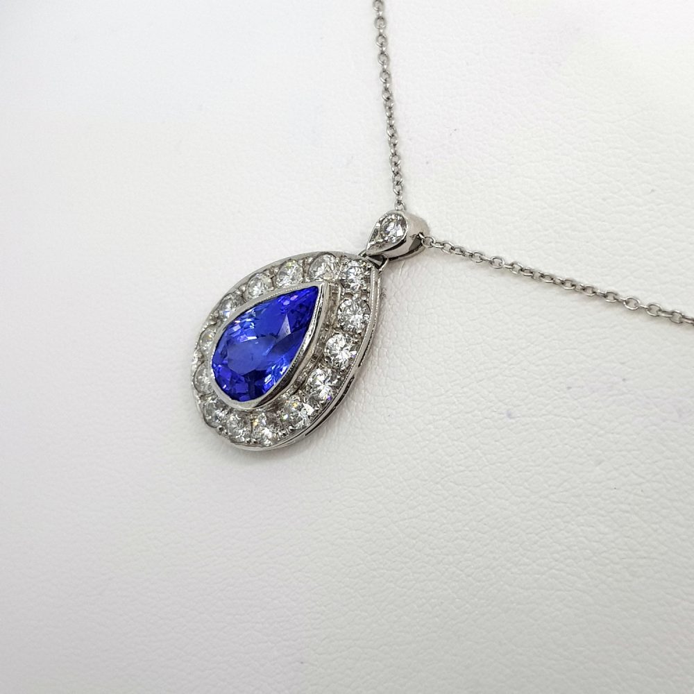 Pear Cut Tanzanite and Diamond Cluster Drop Pendant, 2.70 carats