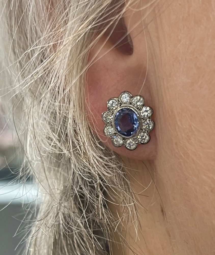 1.50ct Oval Sapphire and Diamond Floral Cluster Earrings