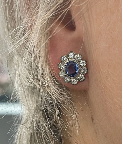 1.50ct Oval Sapphire and Diamond Floral Cluster Earrings