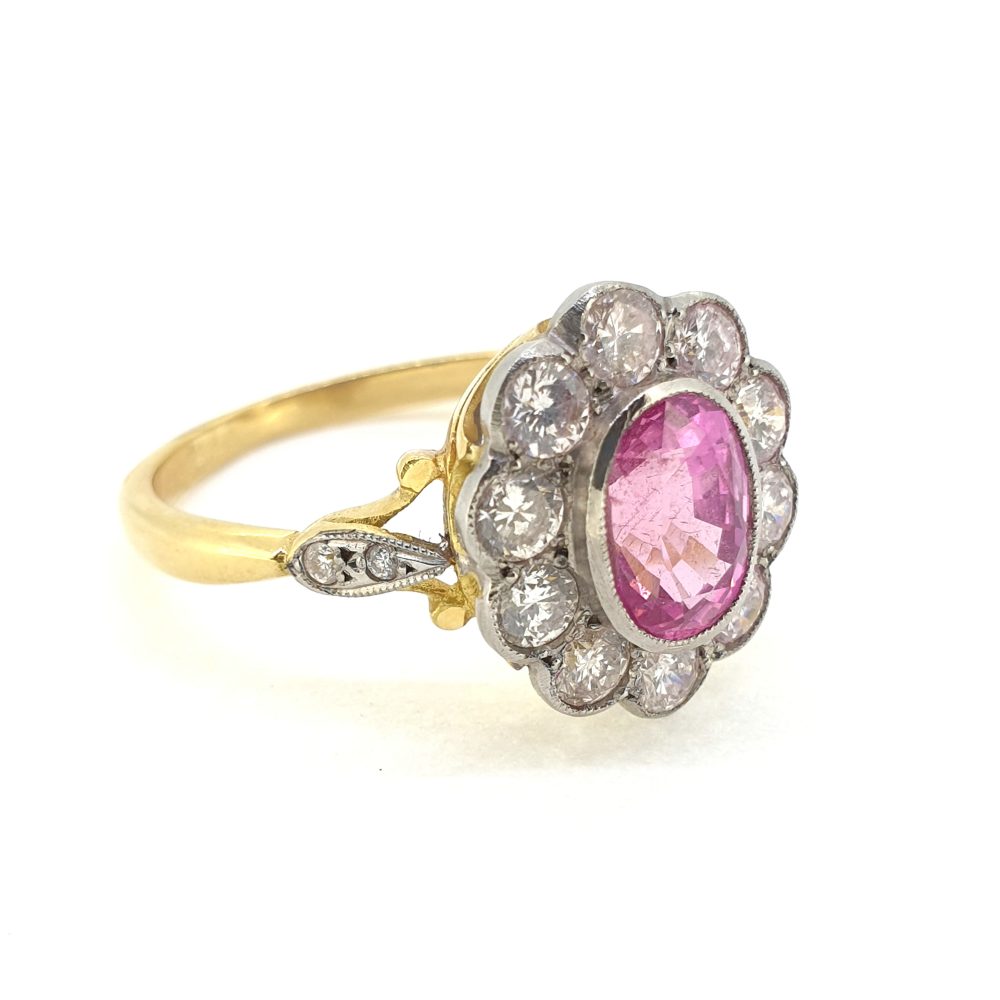1.60ct Oval Pink Sapphire and Diamond Flower Cluster Ring
