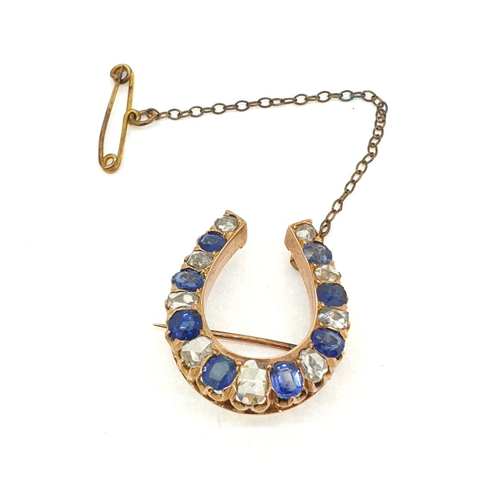 Vintage Rose Cut Diamond and Sapphire Horseshoe Brooch