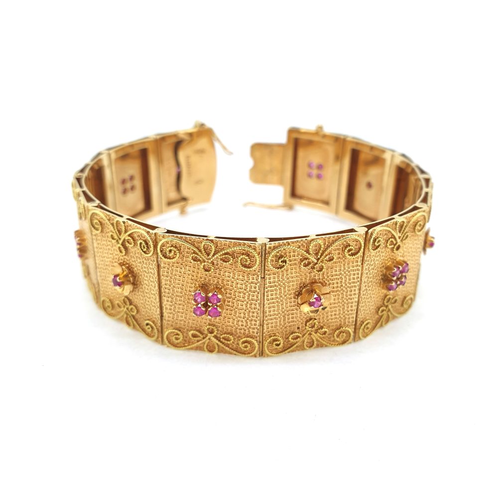 18ct Yellow Gold Panel Bracelet with Rubies stamped Brevetto