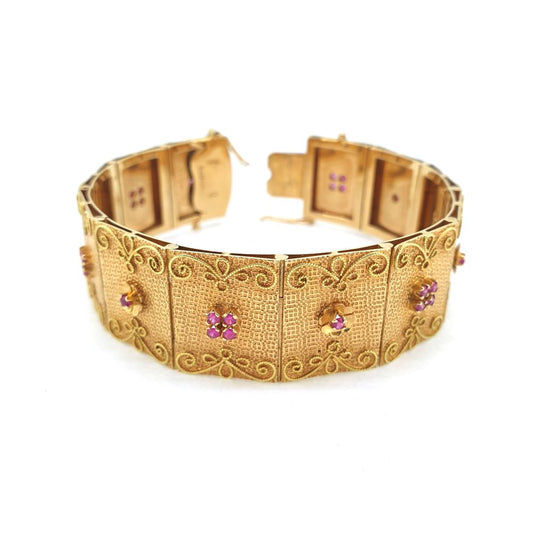 18ct Yellow Gold Panel Bracelet with Rubies stamped Brevetto