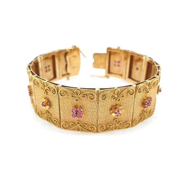 18ct Yellow Gold Panel Bracelet with Rubies stamped Brevetto