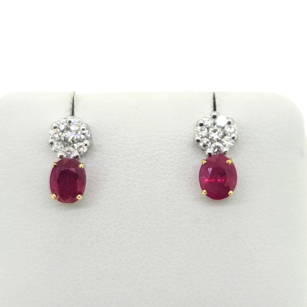 1.30ct Oval Ruby and Diamond Cluster Drop Earrings, oval rubies suspended underneath diamond cluster tops in 14ct white gold