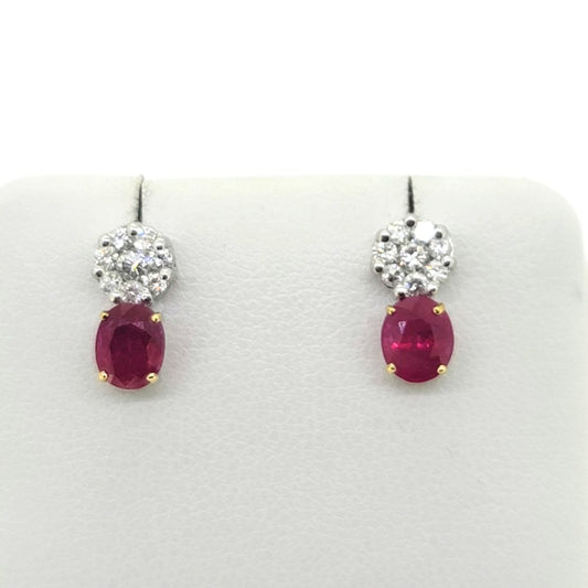 1.30ct Oval Ruby and Diamond Cluster Drop Earrings, oval rubies suspended underneath diamond cluster tops in 14ct white gold