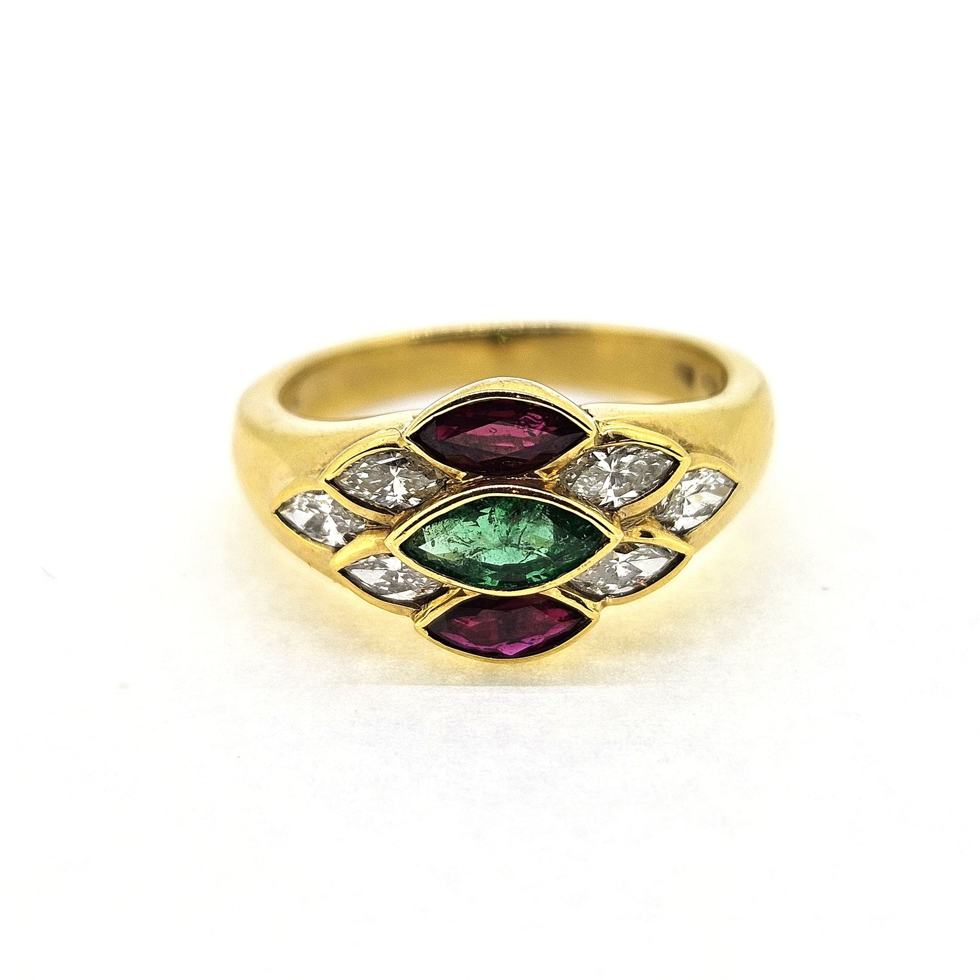 Ruby Emerald and Diamond Marquise Cluster Ring in 18ct Gold