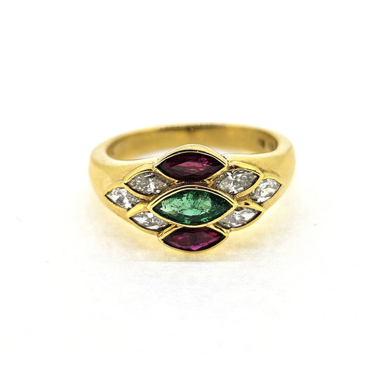 Ruby Emerald and Diamond Marquise Cluster Ring in 18ct Gold