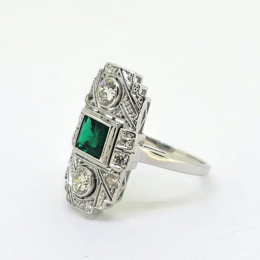 Art Deco Colombian Emerald and Diamond Tablet Plaque Ring