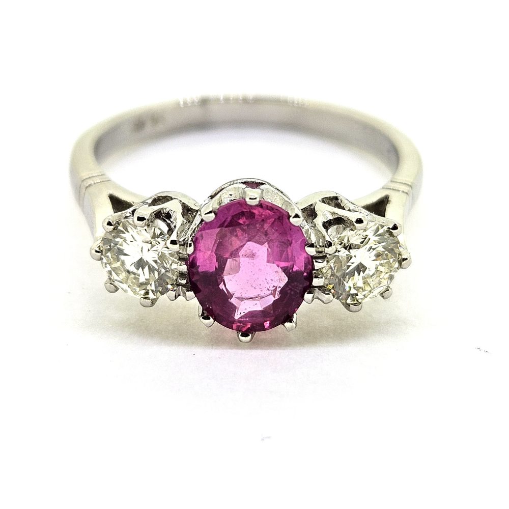 2ct Pink Sapphire and Diamond Three Stone Engagement Ring in Platinum