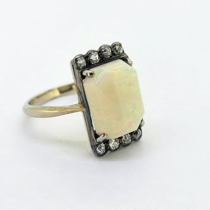 Art Deco Opal and Old Cut Diamond Plaque Ring