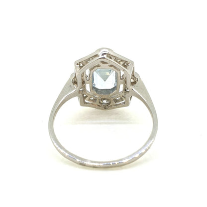 Modern 0.90ct Aquamarine and Diamond Halo Cluster Ring in Platinum