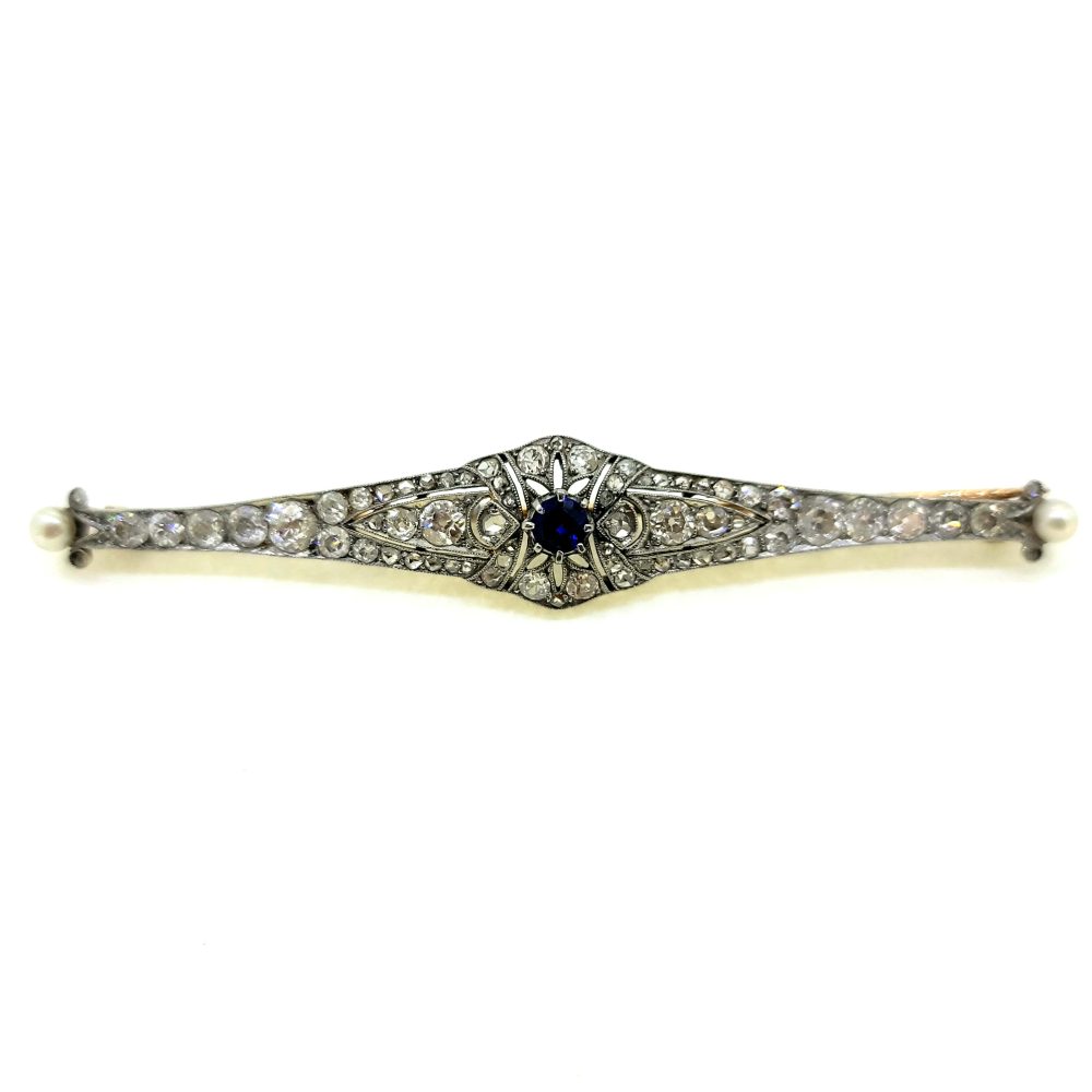 Art Deco Platinum Sapphire Pearl and Diamond Bar Brooch