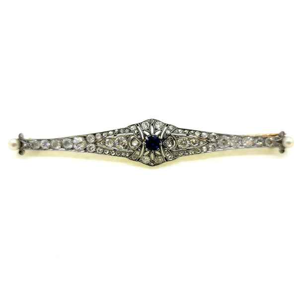 Art Deco Platinum Sapphire Pearl and Diamond Bar Brooch