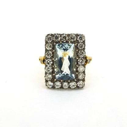 Vintage 4ct Aquamarine and Old Cut Diamond Cluster Ring
