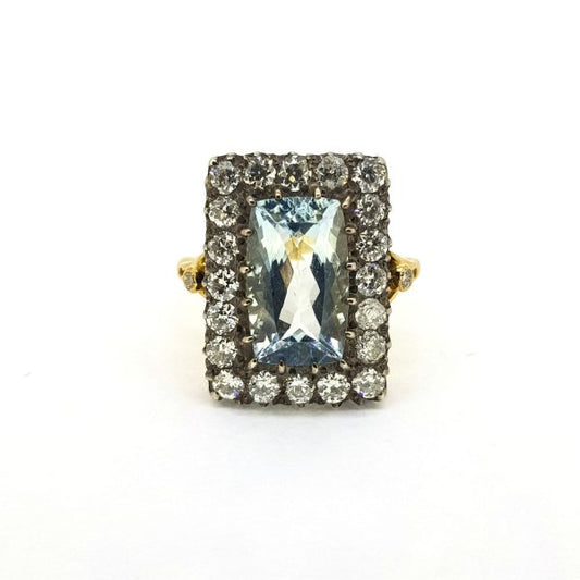 Vintage 4ct Aquamarine and Old Cut Diamond Cluster Ring