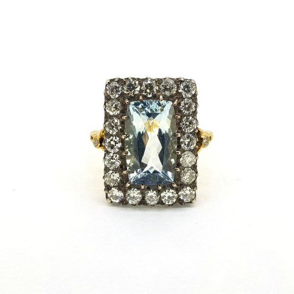 Vintage 4ct Aquamarine and Old Cut Diamond Cluster Ring