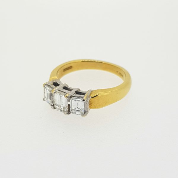 Emerald Cut Diamond Three Stone Ring, 1.00 carat total, in 18ct yellow gold