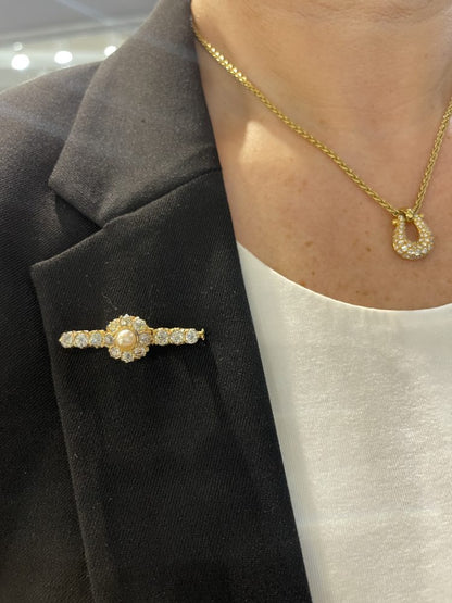 Antique French Natural Pearl and Old Cut Diamond Cluster Bar Brooch in 15ct Gold, 1.30 carat total