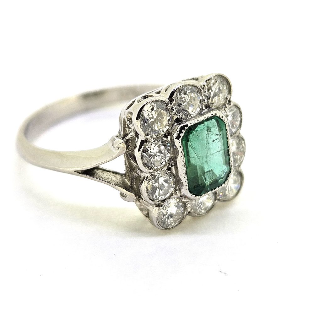 1ct Emerald and Diamond Floral Cluster Ring in Platinum