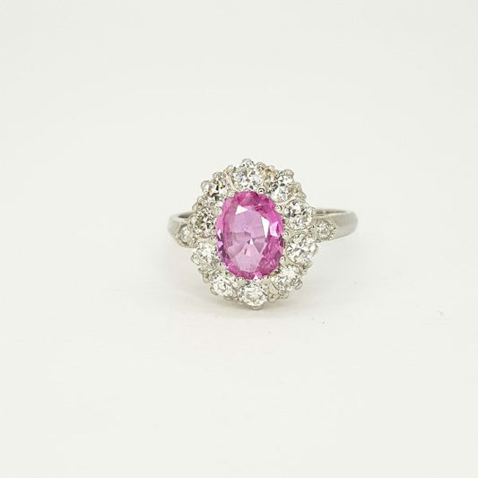 Edwardian Style 1.40ct Pink Sapphire and Diamond Cluster Ring in Platinum