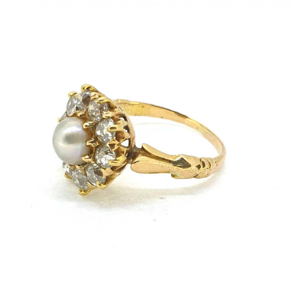 Antique Victorian Natural Pearl and Old Cut Diamond Cluster Ring