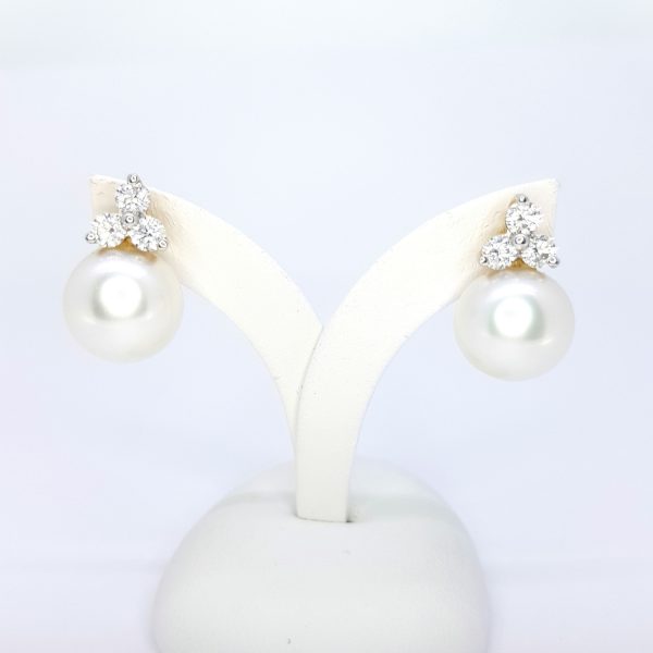 South Sea Pearl and Trefoil Diamond Stud Earrings, 1.20 carats