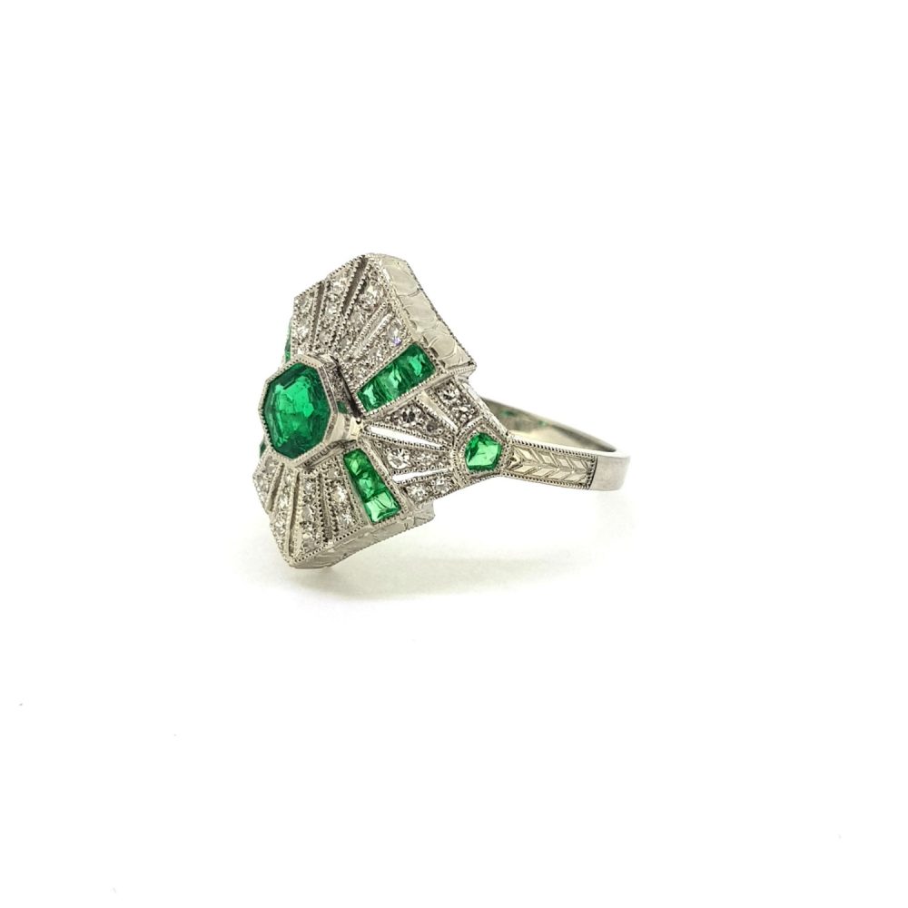 Art Deco Style Emerald Diamond Platinum Dress Ring