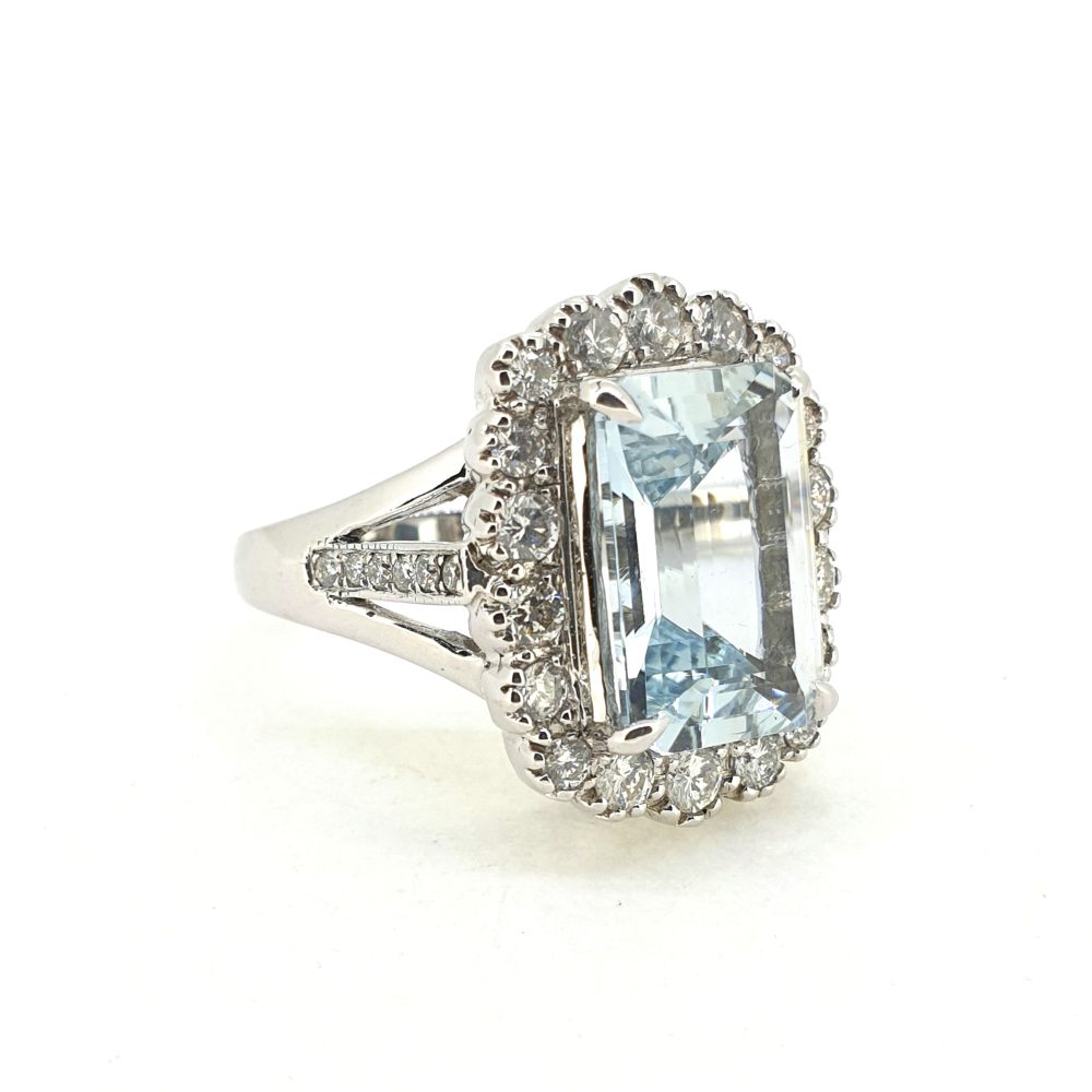 5.70ct Aquamarine and Diamond Cluster Dress Ring with Diamond Set Split Shoulders