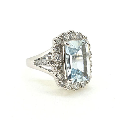 5.70ct Aquamarine and Diamond Cluster Dress Ring with Diamond Set Split Shoulders