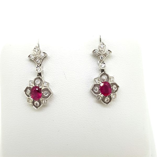Edwardian Style Ruby and Diamond Cluster Drop Earrings