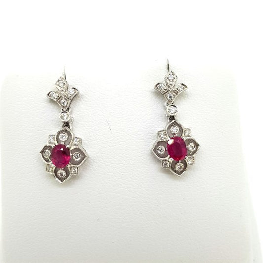 Edwardian Style Ruby and Diamond Cluster Drop Earrings