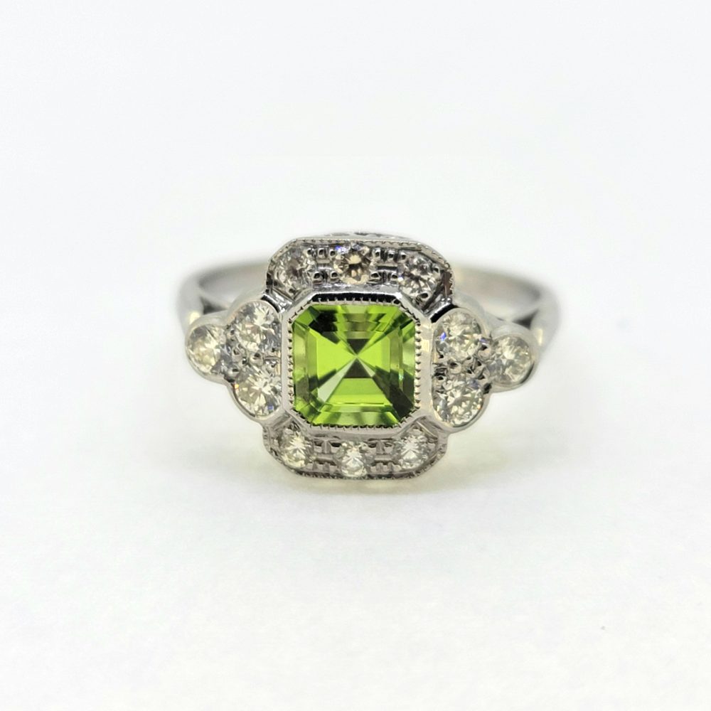 1ct Peridot and Diamond Cluster Ring in Platinum