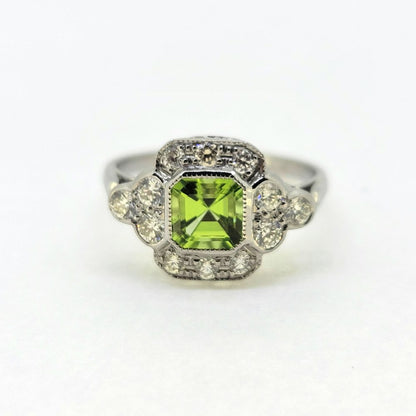 1ct Peridot and Diamond Cluster Ring in Platinum
