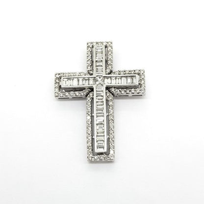 Diamond Cross Pendant, 1.54 carat total, inner row of baguette-cut diamonds radiating from central princess-cut diamond, all within outer brilliant-cut diamond border, in 18ct white gold
