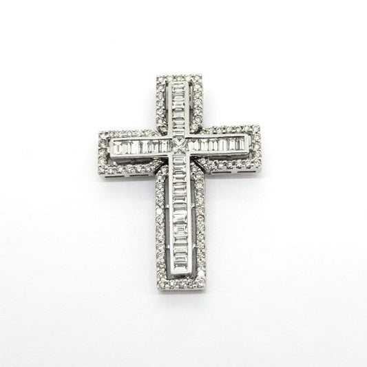 Diamond Cross Pendant, 1.54 carat total, inner row of baguette-cut diamonds radiating from central princess-cut diamond, all within outer brilliant-cut diamond border, in 18ct white gold