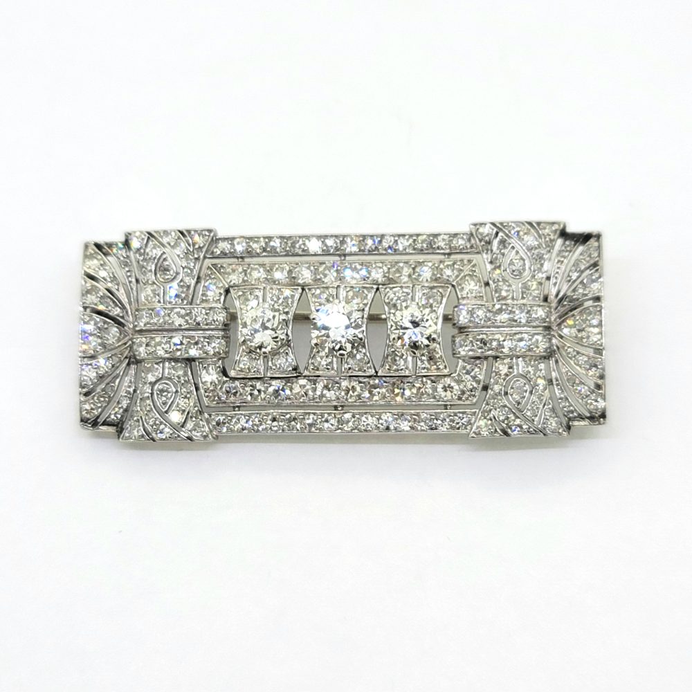 French 3ct Diamond Plaque Brooch in Platinum, French marked platinum plaque brooch set with an estimated 3 carats of sparkling diamonds