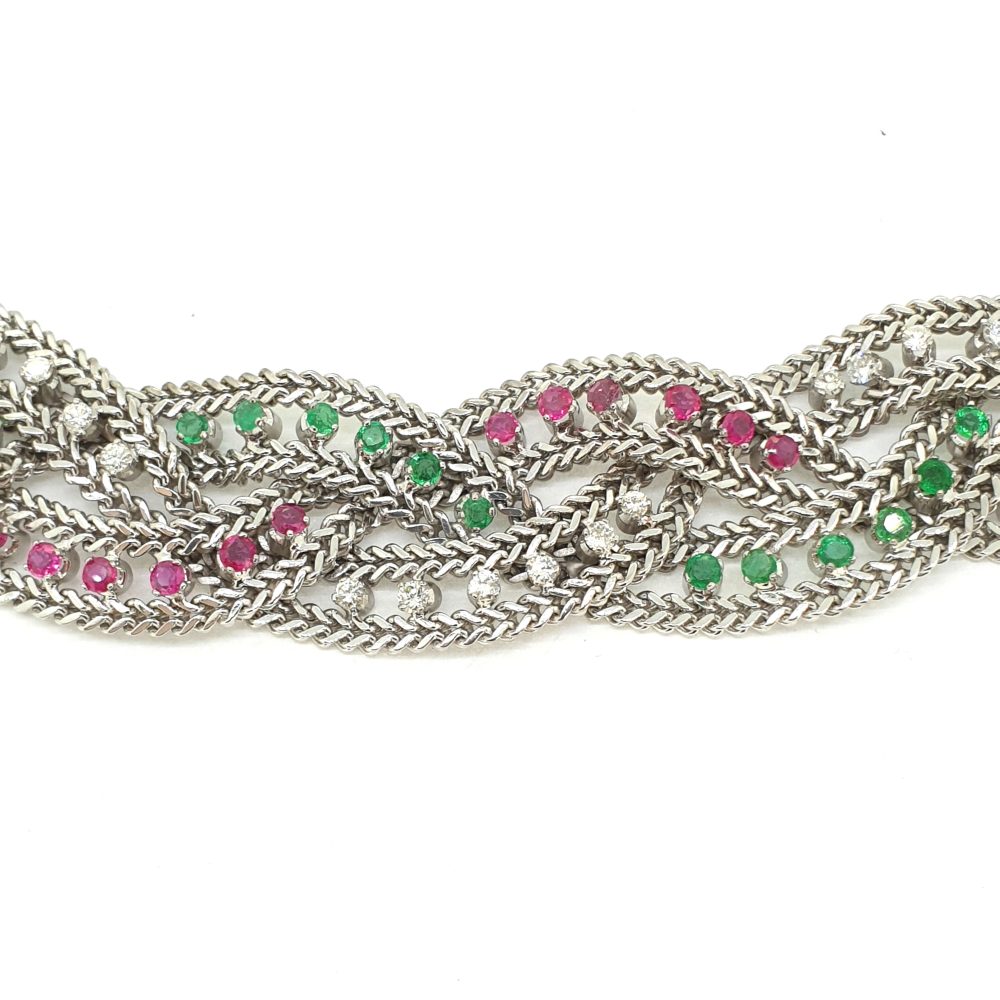 Emerald Diamond and Ruby Set 18ct White Gold Woven Bracelet