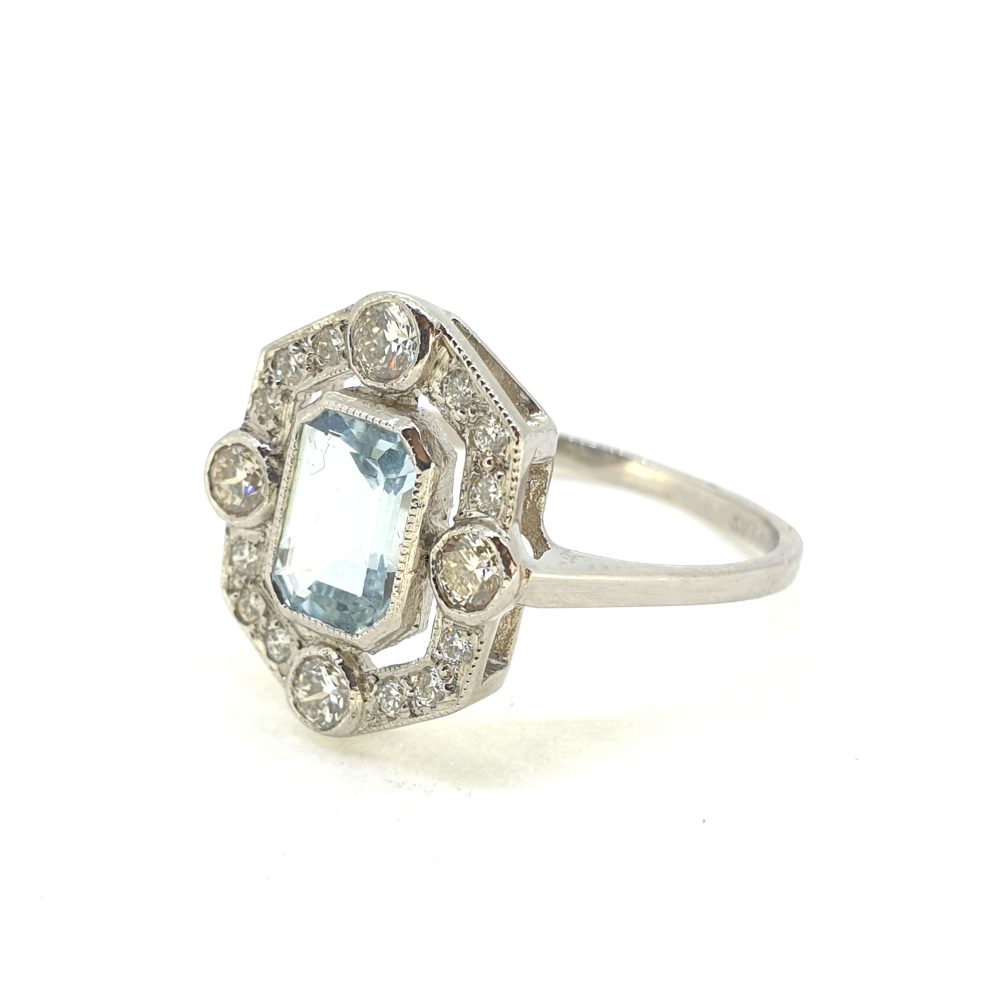Contemporary 0.90ct Aquamarine and Diamond Fixed Halo Cluster Ring