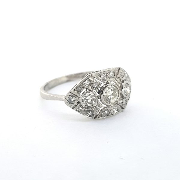 Art Deco Style Diamond Cluster Ring in Platinum, 0.75 carat total, three central diamonds set within a diamond-set geometric surround