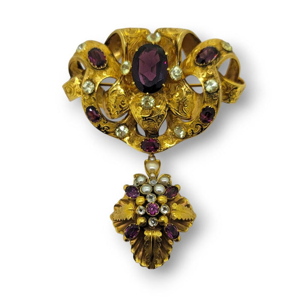 Antique Almandine Garnet and Chrysoberyl Brooch