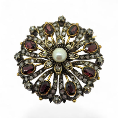 Antique Garnet Pearl and Diamond Pendant Brooch