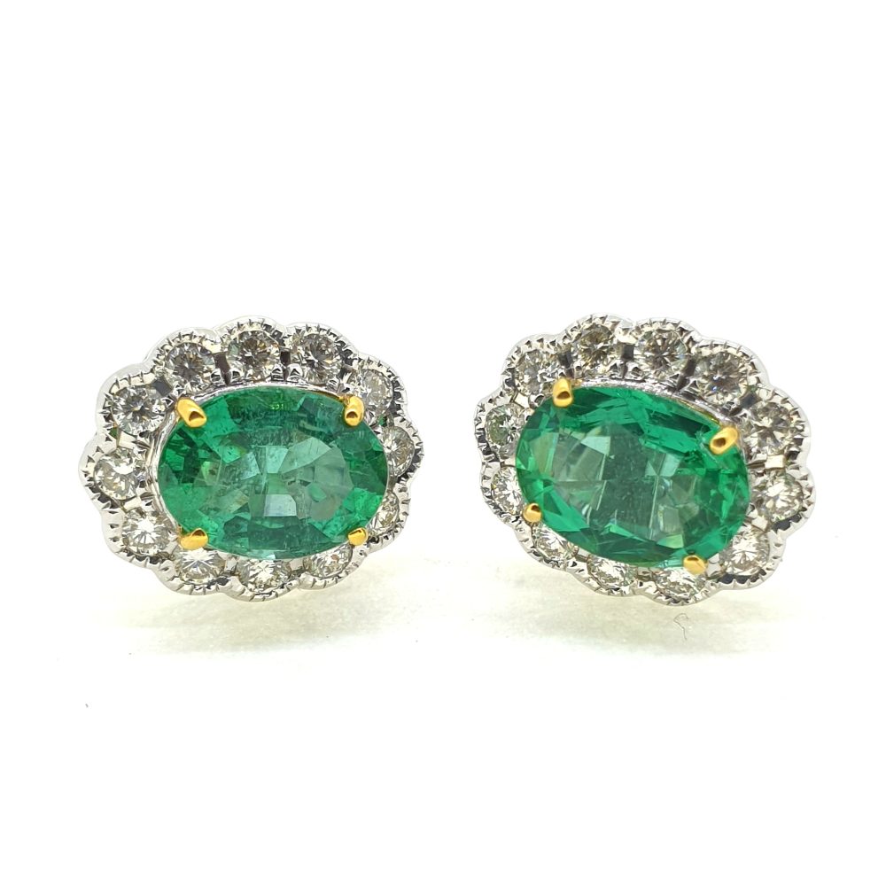 2.40ct Emerald and Diamond Oval Cluster Stud Earrings