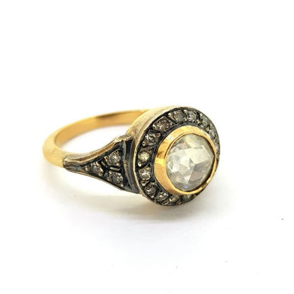 Antique Rose Cut Diamond Cluster Ring; central rose-cut diamond set within an old-cut diamond surround accented with diamond set shoulders, in yellow gold